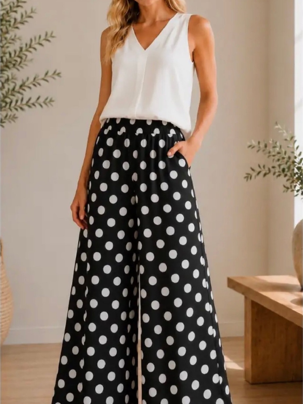 032. Black & White Polka Dot Wide Leg Pants